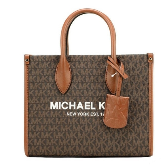 💯 Michael Kors Mirella Small Brown PVC Top Zip Shopper Tote Crossbody Handbag